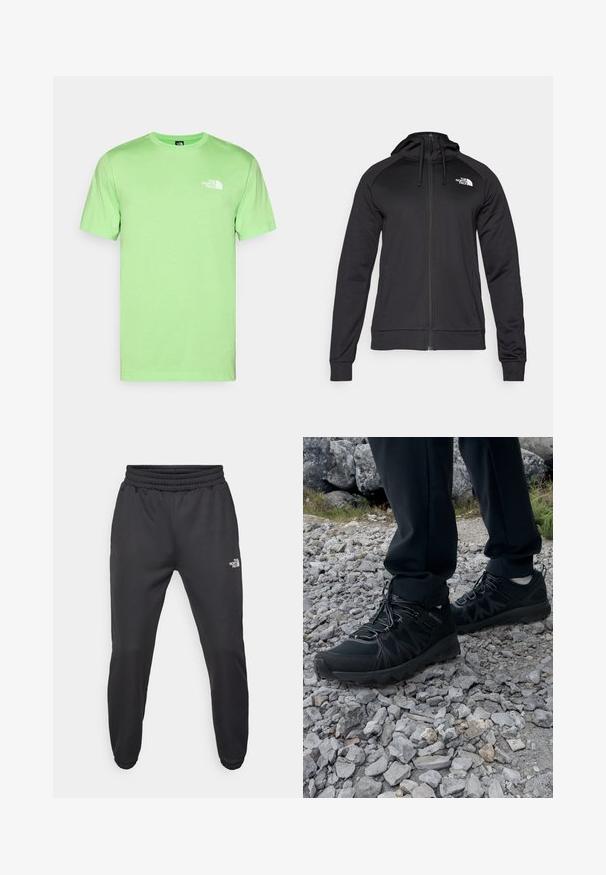 Crna zip-up trenerka s prilagođenim krojem, koja ima kapuljaču s vezicom i logo na lijevoj strani prsiju. Mekani, rastezljivi materijal s rebrastim manžetama.; Majica od pamuka u mint zelenoj boji s okruglim izrezom i kratkim rukavima. Ima bijeli logo na lijevoj strani prsnog koša. Glatka tekstura, opušteni kroj.; Crne trenirke s elastičnom trakicom u struku, suženog kroja, elastičnim manžetama i malim bijelim logom na lijevom bedru, izrađene od glatkog materijala.; Crne vanjske cipele s mrežastim i sintetičkim materijalom, s teksturiranim gornjim dijelom, osiguranim sustavom vezanja i čvrstim potplatom, na stjenovitom terenu.