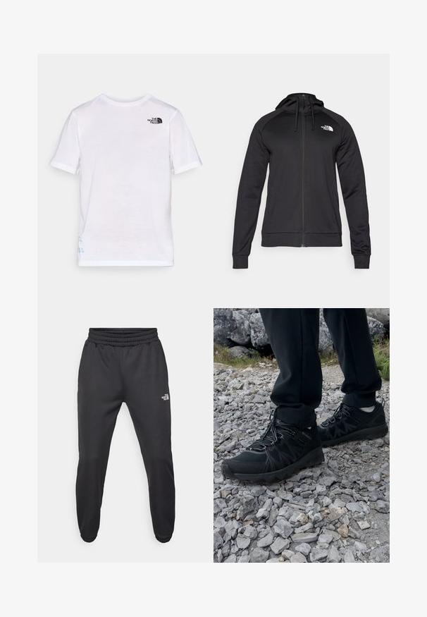 Schwarze Zip-Hoodie mit tailliertem Design, ausgestattet mit einer Kordelzugkapuze und einem Logo auf der linken Brust. Weicher, dehnbarer Stoff mit gerippten Bündchen.; Weißes T-Shirt mit kurzen Ärmeln, das ein schwarzes Logo auf der oberen linken Brust und blaue Designdetails am Saum aufweist. Weicher, leichter Stoff.; Schwarze Jogginghose mit verstellbarem Bund, schlanker Passform, elastischen Bündchen und einem kleinen weißen Logo am linken Oberschenkel, hergestellt aus glattem Stoff.; Schwarze Outdoor-Schuhe aus Mesh und synthetischem Material, mit einer strukturierten Oberseite, gesichertem Schnürsystem und griffiger Laufsohle, auf felsigem Gelände.