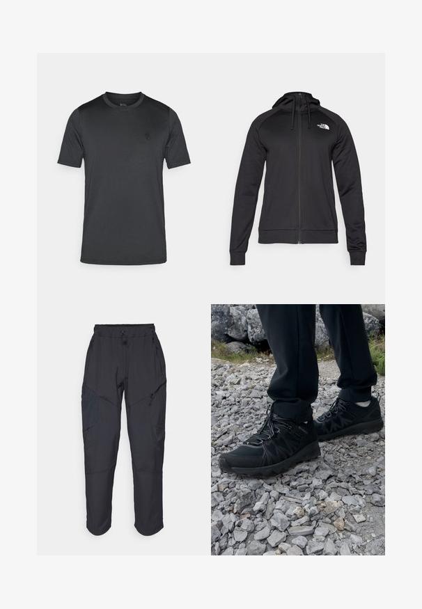 Črna zip-up kapuca s prilegnjenim dizajnom, ki ima kapuco z vrvico in logo na levem prsnem delu. Mehka, raztegljiva tkanina z rebrastimi manšetami.; Moška majica s kratkimi rokavi v temnosivi barvi, izdelana iz gladkega materiala. Ima okroglo izrez in majhen logotip na prsih.; Črne cargo hlače iz lahkega, vodoodpornega materiala; imajo elastični pas, več žepov z zadrgo in ožja hlačnica.; Črne zunanje čevlje iz mrežastega in sintetičnega materiala, s teksturiranim zgornjim delom, zavarovanim sistemom vezalk in trdim podplatom, na skalnatem terenu.