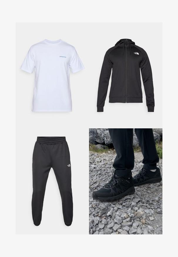 Sudadera negra con cremallera y un diseño ajustado, que incluye una capucha con cordón y un logo en el lado izquierdo del pecho. Fabricada con un material suave y elástico, con puños acanalados.; Camiseta de algodón blanca de manga corta, con cuello redondo y un logotipo de Patagonia en azul claro impreso en el lado izquierdo del pecho. Textura suave.; Pantalones deportivos negros con cintura ajustable mediante cordón, corte tapered, puños elásticos y un pequeño logo blanco en el muslo izquierdo, fabricados en tejido suave.; Zapatos exteriores negros con malla y material sintético, que presentan un upper texturizado, un sistema de cordones seguro y una suela robusta, sobre terreno rocoso.
