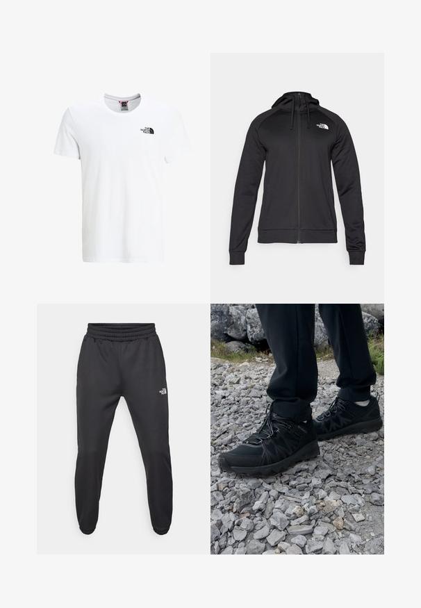 Black zip-up hoodie with a fitted design, featuring a drawstring hood and logo on the left chest. Soft, stretchy fabric with ribbed cuffs.; White cotton t-shirt with short sleeves, round neckline, and a small black logo on the upper left chest. Smooth texture, casual fit.; Black sweatpants with a drawstring waist, tapered fit, elastic cuffs, and a small white logo on the left thigh, made from smooth fabric.; Black outdoor shoes with mesh and synthetic material, featuring a textured upper, secured lacing system, and a rugged outsole, on rocky terrain.