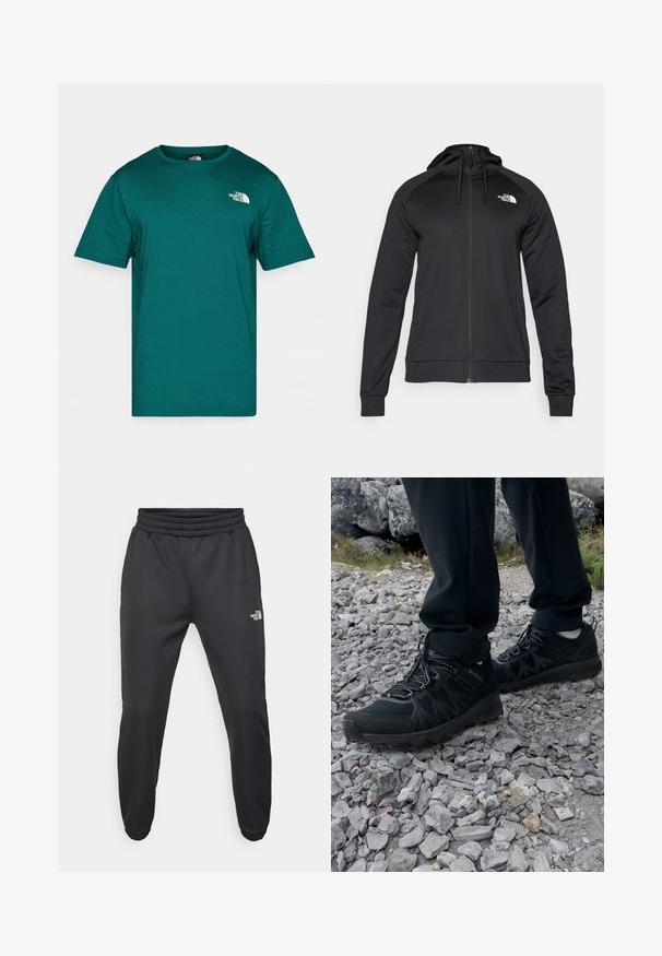 Czarny zamykany na zamek dres z dopasowanym krojem, z kapturem na sznurku i logo na lewej piersi. Miękka, elastyczna tkanina z prążkowanymi mankietami.; Czarna bawełniana koszulka z okrągłym dekoltem i krótkimi rękawami. Posiada białe logo na górnym lewym klatce piersiowej oraz gładką strukturę materiału.; Czarne dresy z elastycznym paskiem w talii, zwężanym krojem, elastycznymi mankietami i małym białym logo na lewej udzie, wykonane z gładkiego materiału.; Czarne buty outdoorowe wykonane z siateczki i materiału syntetycznego, z fakturowaną cholewką, zabezpieczonym systemem sznurowania i solidną podeszwą, na skalistym terenie.