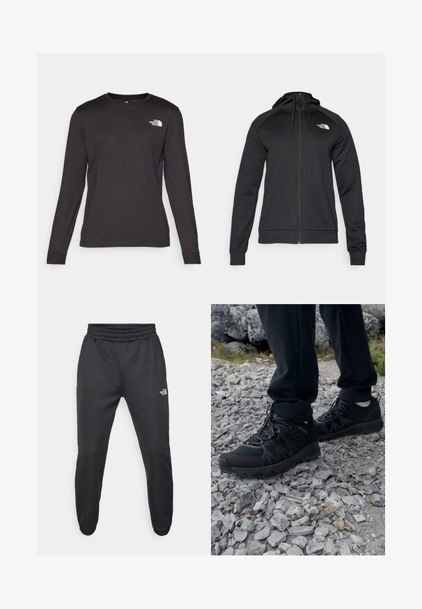 Black zip-up hoodie with a fitted design, featuring a drawstring hood and logo on the left chest. Soft, stretchy fabric with ribbed cuffs.; Long-sleeve black t-shirt made of soft cotton, featuring a round neck and a small white logo on the upper left side. Smooth texture.; Black sweatpants with a drawstring waist, tapered fit, elastic cuffs, and a small white logo on the left thigh, made from smooth fabric.; Black outdoor shoes with mesh and synthetic material, featuring a textured upper, secured lacing system, and a rugged outsole, on rocky terrain.