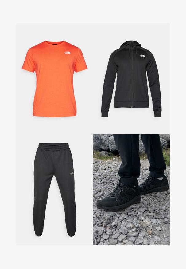 Czarny zamykany na zamek dres z dopasowanym krojem, z kapturem na sznurku i logo na lewej piersi. Miękka, elastyczna tkanina z prążkowanymi mankietami.; The North Face - T-shirt z nadrukiem; Czarne dresy z elastycznym paskiem w talii, zwężanym krojem, elastycznymi mankietami i małym białym logo na lewej udzie, wykonane z gładkiego materiału.; Czarne buty outdoorowe wykonane z siateczki i materiału syntetycznego, z fakturowaną cholewką, zabezpieczonym systemem sznurowania i solidną podeszwą, na skalistym terenie.