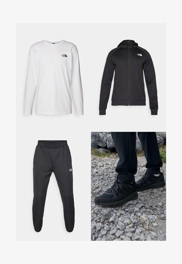 Schwarze Zip-Hoodie mit tailliertem Design, ausgestattet mit einer Kordelzugkapuze und einem Logo auf der linken Brust. Weicher, dehnbarer Stoff mit gerippten Bündchen.; Weißes langärmliges T-Shirt aus Baumwolle mit Rundhalsausschnitt. Verfügt über ein kleines schwarzes Logo auf der Brust. Glatte Textur, reguläre Passform.; Schwarze Jogginghose mit verstellbarem Bund, schlanker Passform, elastischen Bündchen und einem kleinen weißen Logo am linken Oberschenkel, hergestellt aus glattem Stoff.; Schwarze Outdoor-Schuhe aus Mesh und synthetischem Material, mit einer strukturierten Oberseite, gesichertem Schnürsystem und griffiger Laufsohle, auf felsigem Gelände.