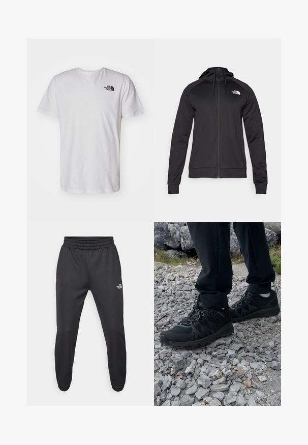 Black zip-up hoodie with a fitted design, featuring a drawstring hood and logo on the left chest. Soft, stretchy fabric with ribbed cuffs.; White cotton t-shirt with short sleeves and a crew neck. Features a small black logo on the upper left chest area. Smooth texture.; Black sweatpants with a drawstring waist, tapered fit, elastic cuffs, and a small white logo on the left thigh, made from smooth fabric.; Black outdoor shoes with mesh and synthetic material, featuring a textured upper, secured lacing system, and a rugged outsole, on rocky terrain.