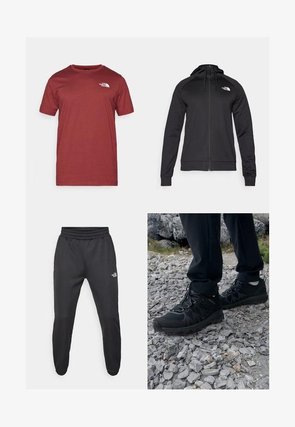 Črna zip-up kapuca s prilegnjenim dizajnom, ki ima kapuco z vrvico in logo na levem prsnem delu. Mehka, raztegljiva tkanina z rebrastimi manšetami.; The North Face M SS BOX NSE TEE - Potiskana majica - sumac/asphalt grey; Črne trenirke z vrvico v pasu, ozkega kroja, z elastičnimi manšetami in majhnim belim logotipom na levem stegnu, narejene iz gladkega materiala.; Črne zunanje čevlje iz mrežastega in sintetičnega materiala, s teksturiranim zgornjim delom, zavarovanim sistemom vezalk in trdim podplatom, na skalnatem terenu.