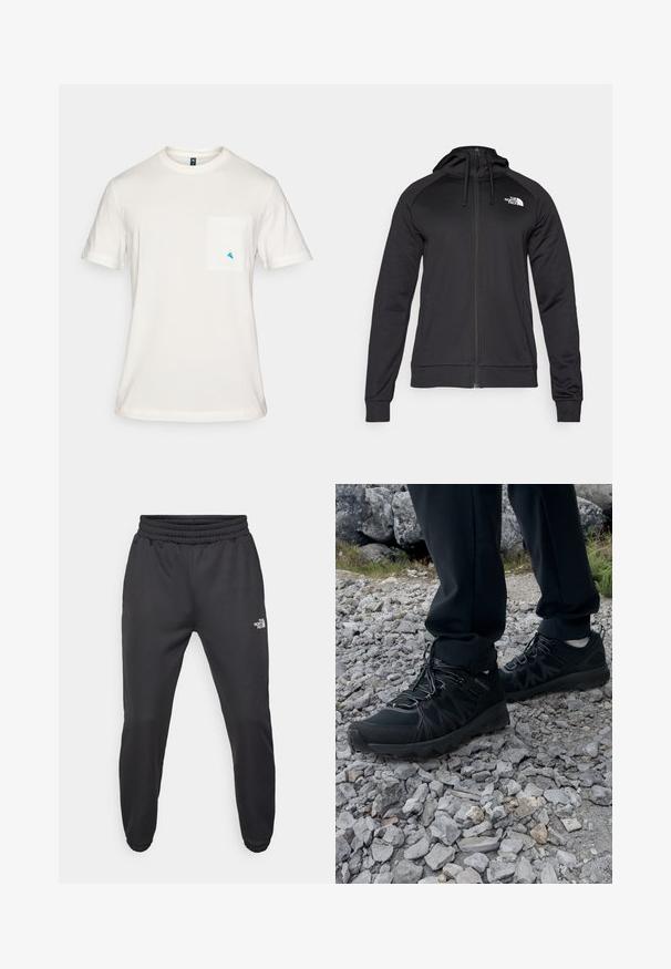 Schwarze Zip-Hoodie mit tailliertem Design, ausgestattet mit einer Kordelzugkapuze und einem Logo auf der linken Brust. Weicher, dehnbarer Stoff mit gerippten Bündchen.; Weißes Baumwoll-T-Shirt mit kurzen Ärmeln, Rundhalsausschnitt und einer Tasche auf der linken Brust, die ein kleines blaues dreieckiges Logo zeigt.; Schwarze Jogginghose mit verstellbarem Bund, schlanker Passform, elastischen Bündchen und einem kleinen weißen Logo am linken Oberschenkel, hergestellt aus glattem Stoff.; Schwarze Outdoor-Schuhe aus Mesh und synthetischem Material, mit einer strukturierten Oberseite, gesichertem Schnürsystem und griffiger Laufsohle, auf felsigem Gelände.