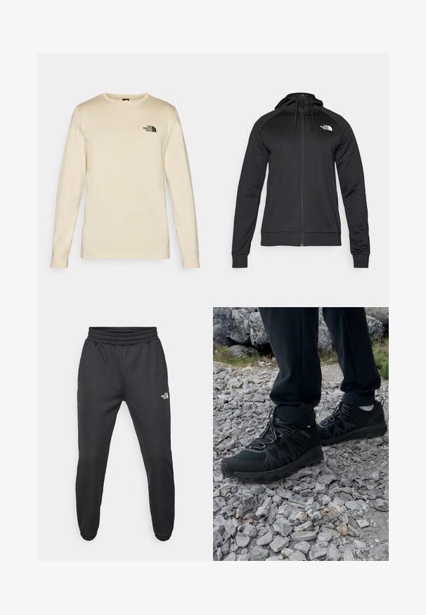 Schwarze Zip-Hoodie mit tailliertem Design, ausgestattet mit einer Kordelzugkapuze und einem Logo auf der linken Brust. Weicher, dehnbarer Stoff mit gerippten Bündchen.; Langarmhemd in hellbeige, aus Baumwollmaterial. Mit einem schwarzen Logo auf der linken Brust und einem runden Halsausschnitt mit gerippten Bündchen.; Schwarze Jogginghose mit verstellbarem Bund, schlanker Passform, elastischen Bündchen und einem kleinen weißen Logo am linken Oberschenkel, hergestellt aus glattem Stoff.; Schwarze Outdoor-Schuhe aus Mesh und synthetischem Material, mit einer strukturierten Oberseite, gesichertem Schnürsystem und griffiger Laufsohle, auf felsigem Gelände.