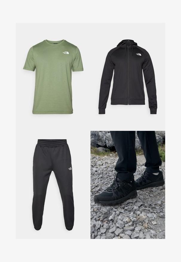 Mustat vetoketjulliset hupparit, joissa on istuva muotoilu, varustettuna nyörillä säädettävässä hupussa ja logolla vasemmassa rinnassa. Pehmeä, joustava kangas ribbaantuneilla hihansuilla.; Lyhyet hiharat oliivinvihreä t-paita, joka on valmistettu pehmeästä kankaasta. Siinä on pyöreä pääntie ja valkoinen logo vasemmassa rinnassa. Kankaan pinta on sileä.; Mustat collegehousut, joissa on nauhakuomu vyötäröllä, kapeneva fit, elastiset hihansuut ja pieni valkoinen logo vasemmassa reidessä, valmistettu sileästä kankaasta.; Mustat ulkokengät, joissa on verkko- ja synteettinen materiaali, teksturoitu päällinen, varma nauhoitusjärjestelmä ja kestävä pohja kivikkoisella maastolla.