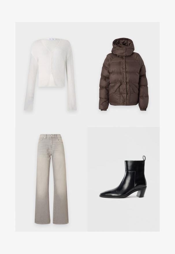 Pruun puff jakker, millel on kapuuts, eriotstarbeline tikand, nööbid ja kaks küljetaskut. Valmistatud veekindlast materjalist.; Kerge, koorevärvi kardigan ribakudumise mustris. Omab V-kaelust, pikki varrukaid ja viit nuppu ees.; Mustmust särk ümmarguse kaelusega, lühikeste varrukatega ja sinise tikandiga "Calvin Klein JEANS" logo ees.; Hallide lai püksid hallis toonis, kahvatu viimistlusega, nööbiga kinnitamine, viie tasku disain ja õmbluste äärtes kaunistus.; Must musta saapad terava nina, geomeetrilise kuuega ja tagaküljel tõmberaudaga. Sile tekstuur ja läikiv disain.