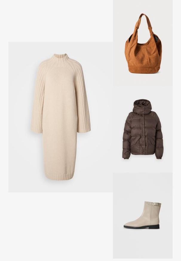 Barna puffertarka kapucnival, steppelt kialakítással, patentgombokkal és két oldalsó zsebbel. Vízálló anyagból készült.; Világos bézs kötött ruha magas gallérral, bordázott ujjakkal és egyenes sziluettel, melynek textúrált anyaga melegséget biztosít.; Beige bőrből készült bokacsizma hegyes orral, fekete talppal, alacsony sarkal és aranycsat szíjjal a külső oldalon, fehér háttér előtt bemutatva.; Barna velúr válltáska puha textúrával, ívelt formával és két füllel. Jellemzője a minimalista dizájn, amelyen nincsenek látható fémrészletek vagy díszítések.