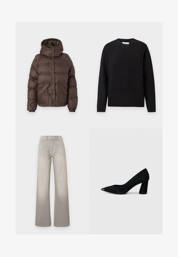 Rudas pūkinis švarkas su gaubtu, pasižymintis siuvinėta konstrukcija, spaudimo mygtukais ir dviem šoniniais kišenėmis. Pagamintas iš vandens atstumiančios medžiagos.; Juodas v-kaklo megztinis, pagamintas iš minkštos vilnos mišinio, su ilgomis rankovėmis ir raukšlėtomis rankogaliais bei apatine dalimi. Paprastas, klasikinis dizainas be raštų ar akcentų.; Pilki plačių kojų džinsai su išblukusiu apdailos efektu, mygtukų uždarymu, penkių kišenių dizainu ir siuvinėjimu palei siūles.; Juodų sukuldi aukštakulnių batų su smailiu galiuku, turinčių blizgantį juodą priekį ir masyvų, pasvirusią kulną.