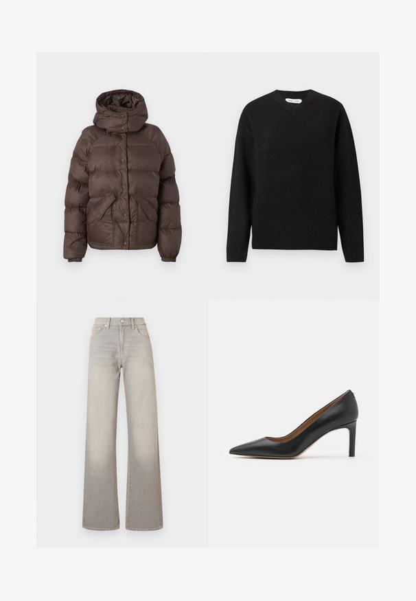 Brown puffer jacket with a hood, featuring a quilted design, snap buttons, and two side pockets. Made from water-resistant material.; Black v-neck sweater in a soft, wool blend, featuring long sleeves and ribbed cuffs and hem. Simple, classic design without patterns or accents.; Gray wide-leg jeans with a faded finish, button closure, five-pocket design, and stitched detailing along the seams.; Black leather high heel shoe with a pointed toe, sleek silhouette, and a slender heel. Features a smooth texture and minimal hardware accents.