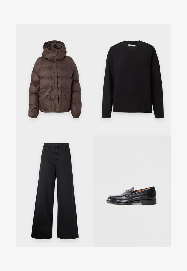 Brun pufferjakke med hette, med et quiltet design, trykknapper og to sidelommer. Laget av vannavvisende materiale.; Svart v-hals genser i en myk ullblanding, med lange ermer og ribbestrikkede mansjetter og nederkant. Enkel, klassisk design uten mønstre eller detaljer.; Sorte vidde denimjeans med høy midje og knappelukking foran, vist mot en enkel bakgrunn.; Sorte lærloafers med rund tå, broderte detaljer og en glatt tekstur. Har lav hæl og smidig design.