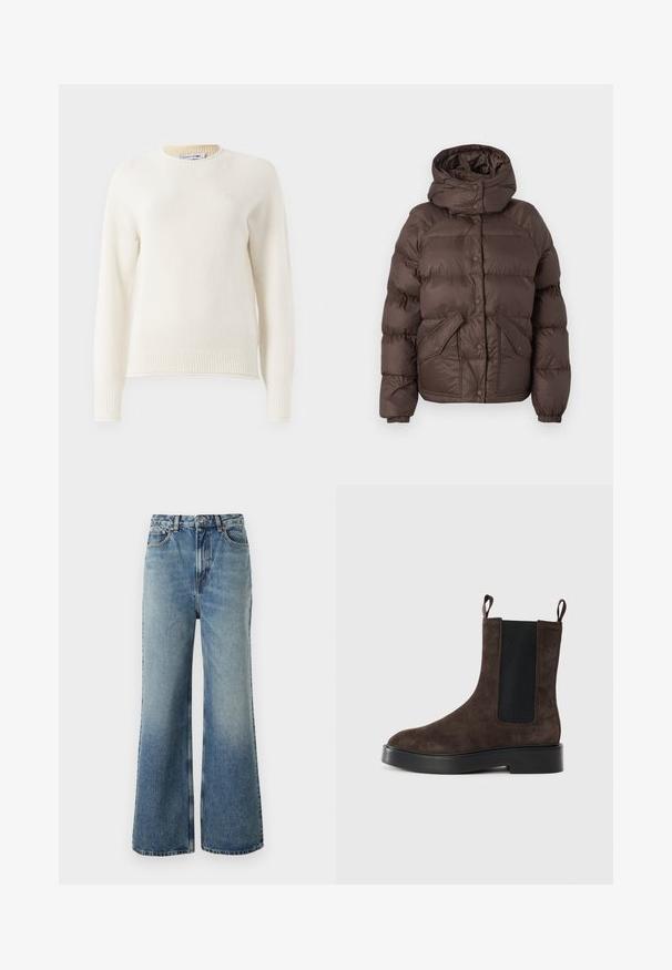 Brūns pūkains jaka ar kapuci, ar kvadrāta rakstu, aizdares pogām un divām sānu kabatām. Izgatavota no ūdensizturīga materiāla.; Balts adīts garām piedurknēm džemperis ar ribotu apkakli un elastīgu apakštu, apaļu kakla izgriezumu un mazu izšuvumu uz krūšu.; Gai zila džinsa bikses ar augstu jostasvietu, plašām kājām, nelielu izbalēšanu un kontrastējošu diegu; satur priekšējās kabatas un pogas aizdari.; Brūni zamšaini potītes zābaki ar elastīgām sānu riepām un vilkšanas cilpām. Iezīmējas ar noapaļotu purngalu un masīvu melnu papēdi stabilitātei.