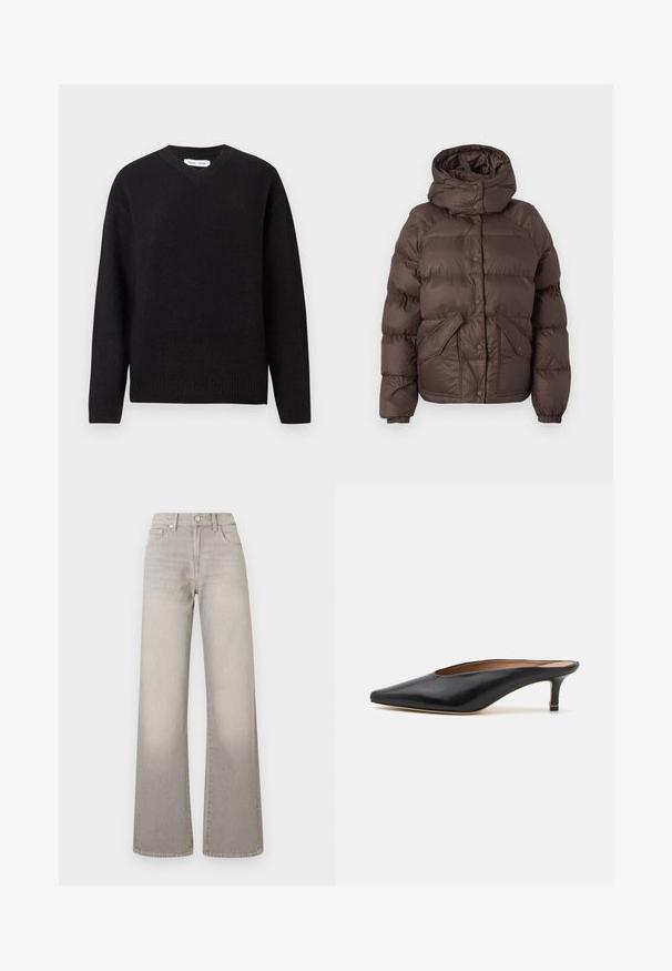 Braune Puffjacke mit Kapuze, verziert mit einem gesteppten Design, Druckknöpfen und zwei Seitentaschen. Hergestellt aus wasserabweisendem Material.; Schwarzer V-Ausschnitt-Pullover aus einer weichen Wollmischung, mit langen Ärmeln sowie gerippten Bündchen und Saum. Einfaches, klassisches Design ohne Muster oder Akzente.; Graue weit geschnittene Jeans mit einem verblassten Finish, Knopfverschluss, fünf Taschen und gestickten Details entlang der Nähte.; Schwarze Leder-Mules mit spitzem Zehenbereich und niedrigem Blockabsatz. Glatte Textur mit elegantem Design. Offene Rückseite mit minimaler Gestaltung.