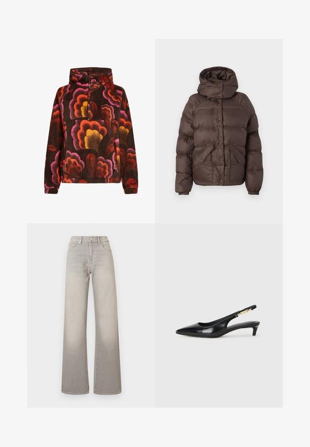 Veste en duvet marron avec une capuche, présentant un design matelassé, des boutons-pression et deux poches latérales. Fabriquée en matériau résistant à l'eau.; Pullover en polaire avec des motifs floraux roses, oranges et jaunes sur un fond marron foncé. Doté d'une capuche et d'une patte de boutonnage. Texture douce.; Jean large gris avec une finition délavée, fermeture à bouton, design à cinq poches et coutures conçues le long des coutures.; Talons hauts en cuir noir avec un bout pointu, dotés d'un talon fin et d'un accent en ton or sur la lanière réglable. Texture lisse.