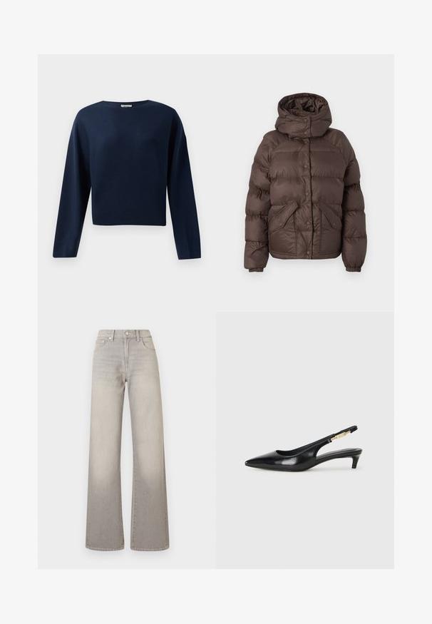 Brown puffer jacket with a hood, featuring a quilted design, snap buttons, and two side pockets. Made from water-resistant material.; Navy blue long-sleeve cropped sweater with a round neckline, displayed against a white background.; Gray wide-leg jeans with a faded finish, button closure, five-pocket design, and stitched detailing along the seams.; Black leather slingback heels with a pointed toe, featuring a slim heel and a gold-tone accent on the adjustable strap. Smooth texture.