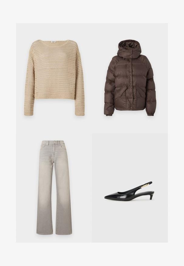 Brown puffer jacket with a hood, featuring a quilted design, snap buttons, and two side pockets. Made from water-resistant material.; Beige knitted sweater with a loose fit, featuring a textured open weave design, round neckline, and long sleeves.; Gray wide-leg jeans with a faded finish, button closure, five-pocket design, and stitched detailing along the seams.; Black leather slingback heels with a pointed toe, featuring a slim heel and a gold-tone accent on the adjustable strap. Smooth texture.