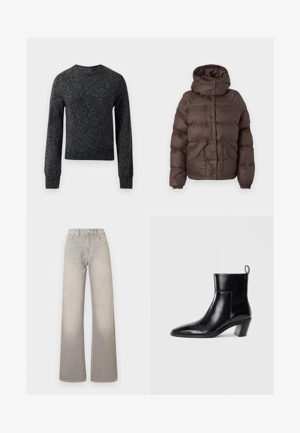 Braune Puffjacke mit Kapuze, verziert mit einem gesteppten Design, Druckknöpfen und zwei Seitentaschen. Hergestellt aus wasserabweisendem Material.; Dunkelgrauer, marmorierter Strickpullover mit langen Ärmeln, gerippten Bündchen, Saum und Rundhalsausschnitt, präsentiert vor einem weißen Hintergrund.; Graue weit geschnittene Jeans mit einem verblassten Finish, Knopfverschluss, fünf Taschen und gestickten Details entlang der Nähte.; Schwarze Leder-Ankleboots mit spitzem Zeh, geometrischem Blockabsatz und einem Zugband hinten. Glatte Textur und elegantes Design.