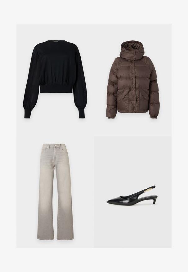Ruskea puffatakki, jossa on huppu, nelikantainen muotoilu, nepparit ja kaksi sivutaskua. Valmistettu vedenkestävästä materiaalista.; Musta lyhythihainen paita, jossa on pyöreä kaula-aukko, puffattuja pitkiä hihaisia ja ribattuja hihansuita. Ominaisuuksiin kuuluu tiukka elastisoitu vyötärö ja läpinäkyvät sivupaneelit.; Harmaat leveälahkeiset farkut, joissa on haalistunut pinta, nappisuljenta, viisi taskua ja ommeltu yksityiskohtaus saumoissa.; Mustat nahkaiset slingback-korkokengät, joissa on terävä kärki, ohuet korot ja kultasävytteinen yksityiskohta säädettävässä hihnassa. Silkkinen pinta.
