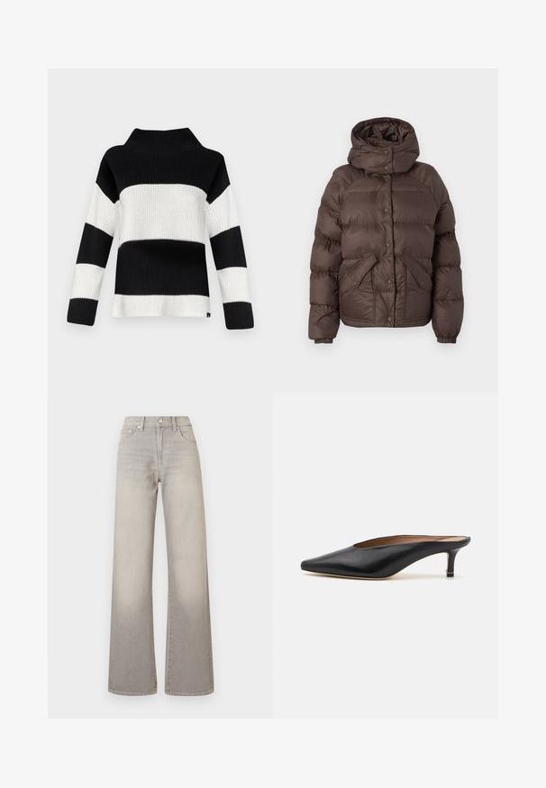 Brązowa kurtka puchowa z kapturem, z pikowanym wzorem, napami zatrzaskowymi i dwoma kieszeniami po bokach. Wykonana z materiału odpornego na wodę.; Sweter dzianinowy z czarno-białymi poziomymi paskami, wysokim kołnierzem oraz długimi rękawami o prążkowanej fakturze.; Szare dżinsy o szerokich nogawkach z wyblakłym wykończeniem, zapięcie na guzik, pięć kieszeni oraz przeszycia wzdłuż szwów.; Czarne skórzane klapki z ostro zakończonym noskiem i niskim, prostokątnym obcasem. Gładka faktura z eleganckim wzornictwem. Otwarty tył z minimalnymi detalami.
