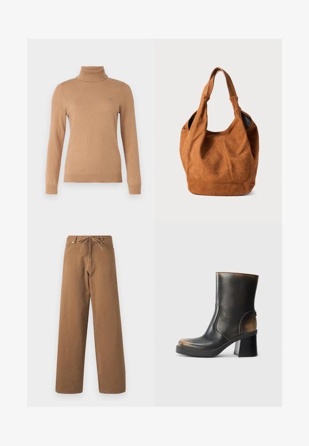 Rudas pūkinis švarkas su gaubtu, pasižymintis siuvinėta konstrukcija, spaudimo mygtukais ir dviem šoniniais kišenėmis. Pagamintas iš vandens atstumiančios medžiagos.; Bežinė ciklono megztinis su ilgomis rankovėmis ir mažas siuvinėtas logotipas kairėje krūtinės pusėje prieš paprastą foną.; Rudos plačios kojos kelnės, pagamintos iš medvilnės, su raišteliu liemenyje ir dviem priekinėmis kišenėmis. Tekstūruota medžiaga su lygia apdaila.; Juodas odinis kulkšninis botų su blizgiu paviršiumi, apvaliu pirštu, kontrastingomis tan atspalvių detalėmis, stambiu kulnu ir šono užtrauktuku.; Rudas zomšinis petinis krepšys su minkštu paviršiumi, išlenkta forma ir dviem rankenomis. Ypatybių sąraše minimalus dizainas be matomų metalinių detalių ar akcentų.