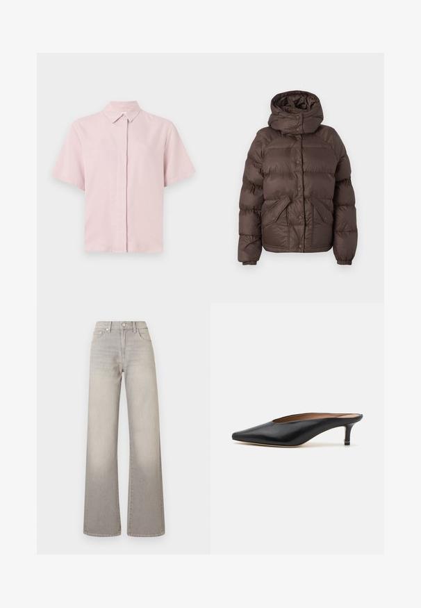 Brown puffer jacket with a hood, featuring a quilted design, snap buttons, and two side pockets. Made from water-resistant material.; Light pink short-sleeved shirt with a classic collar and button front closure. Made from smooth fabric with a slightly relaxed fit.; Gray wide-leg jeans with a faded finish, button closure, five-pocket design, and stitched detailing along the seams.; Black leather mules with a pointed toe and low, block heel. Smooth texture with a sleek design. Open back with minimal detailing.