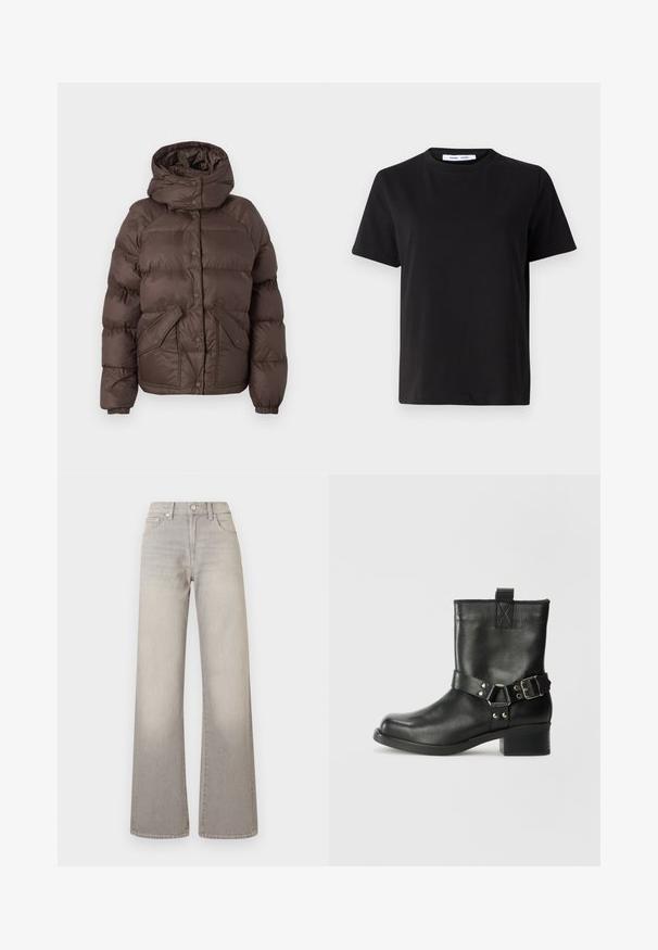 Geacă puf maro cu glugă, având un design matlasat, cu butoni snap și două buzunare laterale. Fabricată din material rezistent la apă.; Tricou negru cu manșon scurt, fabricat din bumbac moale, având un guler rotund, o croială lejeră și o textură netedă. Fără modele sau grafice vizibile.; Jeans largi gri cu un finisaj decolorat, închidere cu buton, design cu cinci buzunare și detalii cusute pe cusături.; Samsøe Samsøe SABRENTA - Botine cowboy/biker - black