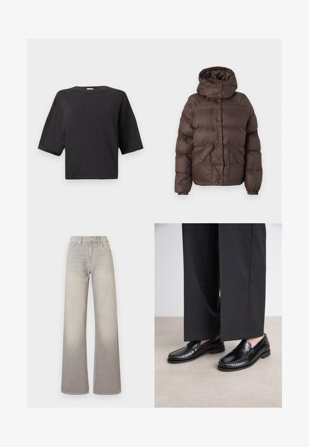 Hnědá péřová bunda s kapucí, zdobená prošívaným designem, patentními knoflíky a dvěma bočními kapsami. Vyrobena z voděodolného materiálu.; Černé zkrácené tričko z bavlny, s kulatým výstřihem a krátkými rukávy, s uvolněným střihem. Hladká textura, bez vzorů nebo akcentů.; Šedé široké džíny s vybledlým vzhledem, zapínání na knoflík, pět kapsičkový design a prošívání podél švů.; Černé kožené loafers s hladkým povrchem, prošívané detaily kolem špičky a nízkou gumovou podrážkou. V kombinaci s širokými černými kalhotami.