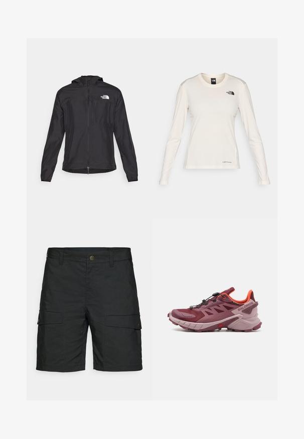 The North Face HIGHER RUN JACKET - Tuulitakki - black; The North Face SHADOW LONG SLEEVE - Pitkähihainen paita - white dune; Mustat cargo-shortsit, jotka on valmistettu kevyestä kankaasta, sisältävät kaksi sivutaskua läpillä, napin sulkemisen ja klassisen istuvuuden.; Polkujuoksukengät burgundin ja pinkin värissä. Varusteena verkkokangas päällinen, kevyt pohja ja dynaaminen pito näkyvillä urilla. Mukana joustava nauhoitusjärjestelmä.