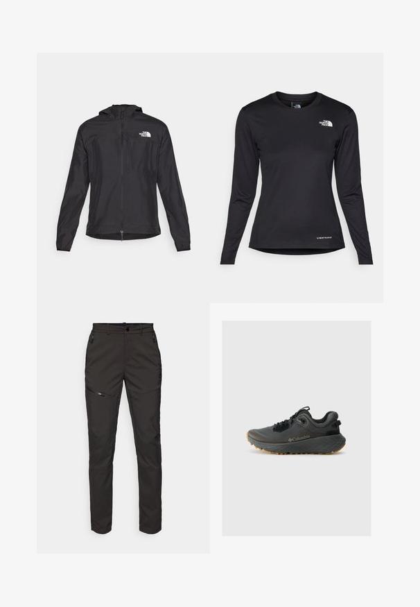 The North Face HIGHER RUN JACKET - Windbreaker - black; The North Face SHADOW LONG SLEEVE - Langarmshirt - black; ODLO PANTS REGULAR LENGTH ASCENT LIGHT - Outdoor-Hose - black; Columbia TERRASTRIDE CRZ - Hikingschuh - shark/black
