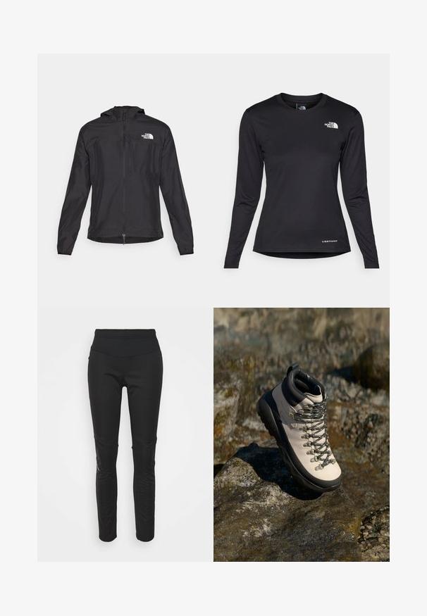 The North Face HIGHER RUN JACKET - Větrovka - black; The North Face SHADOW LONG SLEEVE - Top s dlouhým rukávem - black; Černé sportovní legíny s vysokým pasem, hladkou texturou, detailem loga a bočními panely pro zvýšení vizuálního zájmu.; Svetle béžové turistické boty s černou gumovou podrážkou, flexibilním svrškem, kovovými oky a šedými tkaničkami, umístěné na kamenitém povrchu.