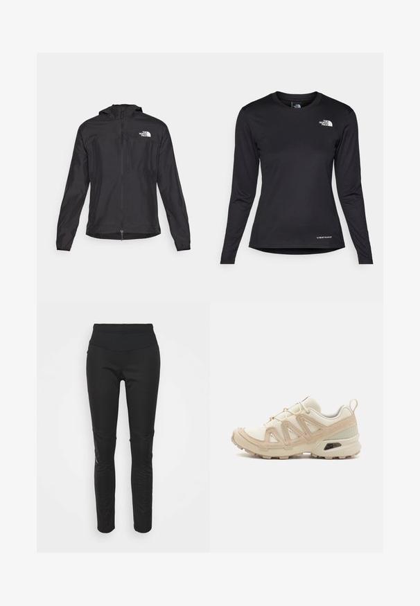 The North Face HIGHER RUN JACKET - Széldzseki - black; The North Face SHADOW LONG SLEEVE - Hosszú ujjú felső - black; Fekete sportleggings magas derékkal, sima textúrával, logóval és oldalpanel díszítéssel a vizuális érdekesség fokozása érdekében.; Beige és krém színű sportcipő, texturált hálós felsőrésszel, támogató burkolattal és gumitalppal, amely tapadás érdekében bordázott mintázattal rendelkezik.