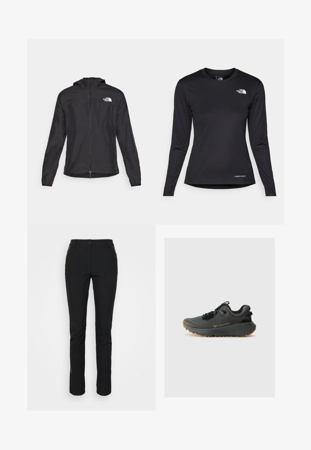 The North Face HIGHER RUN JACKET - Corta-vento - black; The North Face SHADOW LONG SLEEVE - Camisola de manga comprida - black; Calças pretas, elásticas, à prova d'água, com um corte slim. Apresentam dois bolsos laterais com fecho éclair e áreas dos joelhos reforçadas. Textura suave.; Columbia TERRASTRIDE CRZ - Sapatos de caminhada - shark/black
