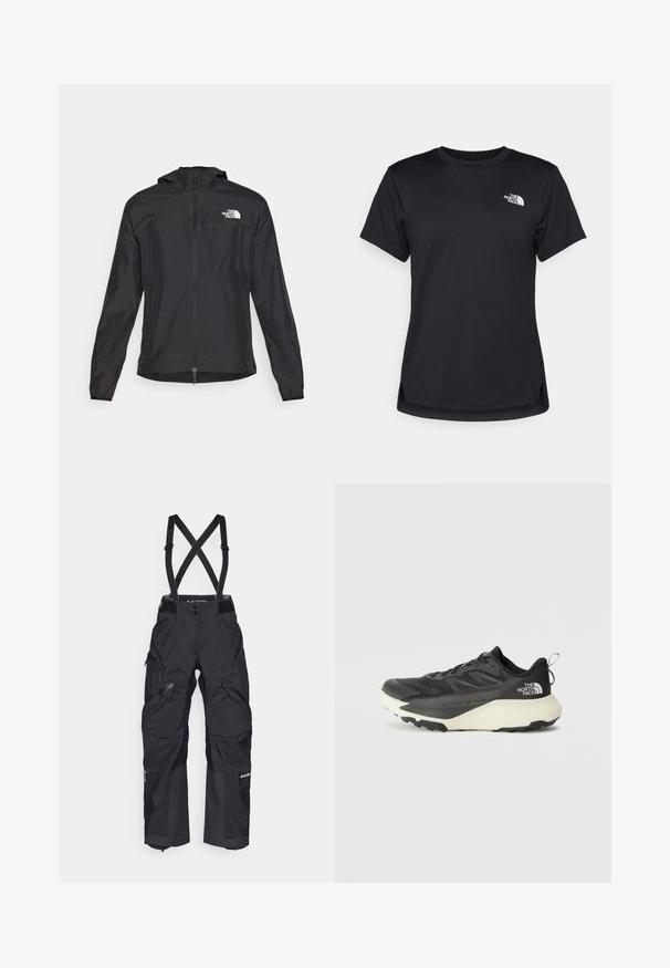 The North Face HIGHER RUN JACKET - Tuulejope - black; The North Face FLEX SHORT SLEEVES TEE - Spordi T-särk - black; Mustad tehnilised mustad püksid, millel on reguleeritavad rihmad, mitmed lukuga taskud, tugevdatud põlved ja vastupidav, veekindel materjal.; Musty mustusjalats musta pealisega, millel on tekstuur, hallid aktsendid ja valge vaheosa. Sisaldab tõmbeosa ning silmapaistvat brändi logo kandadel.