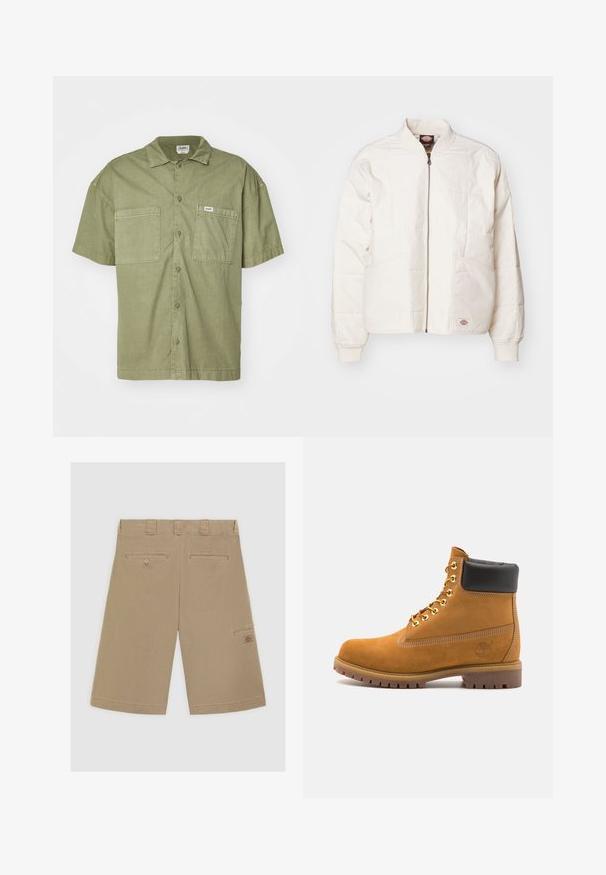 Zimowa kurtka bombka w kolorze off-white z pełnym zamkiem błyskawicznym, kołnierzem typu stójka, dwoma przednimi kieszeniami oraz ściągaczami przy mankietach. Posiada przeszywany wzór panelu.; Zielona oliwkowa koszula z krótkim rękawem, wykonana z bawełny, z kołnierzykiem, dwiema przednimi kieszeniami i zapięciem na guziki.; Jasnobrązowe szorty z płaskim przodem, dwoma tylnymi kieszeniami i boczną kieszenią typu cargo. Wykonane z gładkiej bawełny.; Beżowe zamszowe botki sięgające kostki z czarną wyściełaną krawędzią, złotymi oczkami, białymi detalami szycia oraz wytrzymałą gumową podeszwą z wyraźnym bieżnikiem.