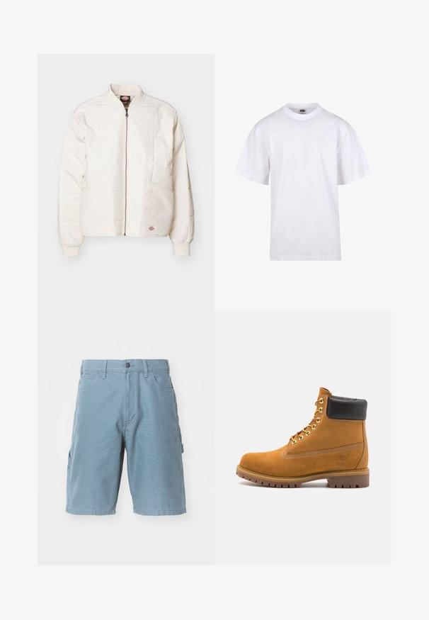 Chaqueta bomber acolchada en blanco roto con cremallera completa, cuello alzado, dos bolsillos frontales y puños de canalé. Presenta un diseño de paneles cosidos.; Camiseta blanca de algodón con cuello redondo, mangas cortas y un corte relajado. Presenta un diseño liso sin patrones ni detalles.; Bermudas de algodón azules con corte recto, que presentan bolsillos frontales y laterales, cierre de botón y una tela texturizada.; Botín de ante marrón claro con collar acolchado negro, ojales de metal dorado, detalles de costura blanca y suela de goma resistente con tacos pronunciados.