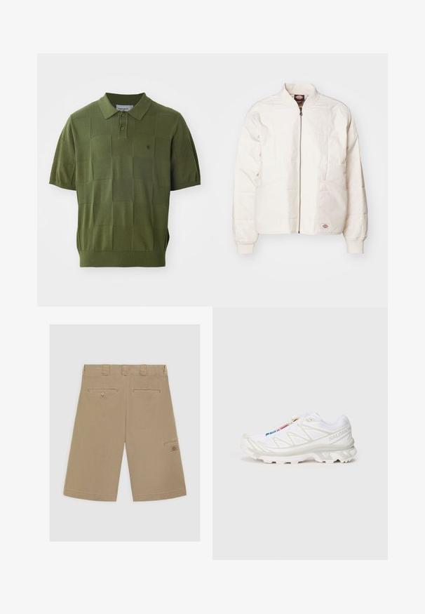 Polstret bomberjakke i off-white med fullt glidelås, ståkrage, to frontlommer og ribbestrikkede mansjetter. Har sydd paneldesign.; Oliven grønn polo skjorte med korte ermer, teksturert rutemønster, brettet krage og knapplukking med to knapper. Subtil logo detaljer på brystet.; Lys brune shorts med flat front, to baklommer og en sidecargo-lomme. Laget av glatt bomullsstoff.; Hvite joggesko med teksturert mesh-overdel, reflekterende detaljer og dempet såle. Merkbar merkevarelogo på siden.