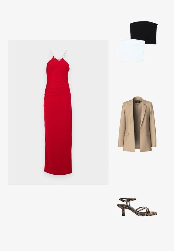 Beżowa marynarka z klapami i dwoma przednimi kieszeniami; wykonana z gładkiego materiału, ma otwarty przód i dopasowany krój.; Hervé Léger GENEVIEVE czerwony; Dwa bezszwowe szaliki w tubie: jeden czarny, a drugi biały. Oba wykonane są z miękkiego, elastycznego materiału i mają gładką fakturę bez wzorów.; Sandały na obcasie w panterkę, ze kwadratowym noskiem, wieloma paskami i średnim obcasem. Wykonane z miękkiego materiału tekstylnego.