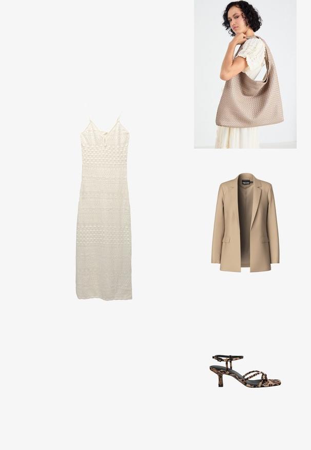 Blazer beige avec revers crantés et deux poches avant ; fabriqué en tissu doux, il a une ouverture à l'avant et une coupe ajustée.; Robe maxi en crochet blanche avec de fines bretelles réglables, présentant un motif complexe de diamants et de lignes sur l'ensemble du tissu.; Sandales à talons imprimées léopard avec un bout carré, plusieurs brides et un talon de hauteur intermédiaire. Fabriquées en matériau textile doux.; Sac fourre-tout tissé beige avec un design décontracté et une seule sangle pour l'épaule. Présente un motif texturé sur toute la surface.
