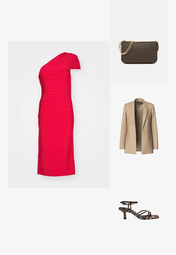Beige zakó, élénk hajtókával és két elülső zsebbel; sima anyagból készült, nyitott elülső résszel és testhezálló szabással.; Piros, egy vállra szabott, testhezálló ruha, amely textúrált anyagból készült, vízszintes csíkokkal és térd végéig érő fazonnal. Simább felület, strukturált sziluett.; Leopárdmintás, négyzetes orrú magassarkú szandál, több pánttal és közepes magasságú sarkával. Puha textilből készült.; Barna bőr keresztpántos táska logómintával, arany láncos pánttal, cipzáras záródással és arany fémkiegészítőkkel. Kompakt és téglalap alakú dizájn.