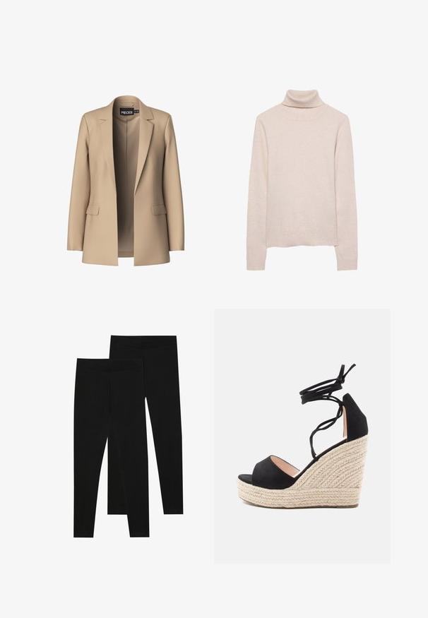 Beige blazer with notched lapels and two front pockets; made of smooth fabric, it has an open front and a tailored fit.; Light pink turtleneck sweater made of soft knit material. Features long sleeves and a ribbed neckline and hem. Classic fitted design.; Black leggings made of stretchy fabric, featuring a seamless waistband and a slim fit design, suitable for casual wear or exercise.; Black suede wedge sandals with a woven jute platform, featuring crossed ankle straps and an open toe design.