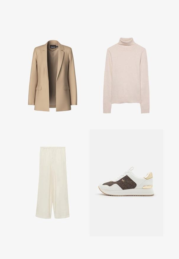 Beige Blazer mit Reverskragen und zwei Vordertaschen; aus glattem Stoff gefertigt, hat er eine offene Vorderseite und eine figurschmeichelnde Passform.; Hellrosa Rollkragenpullover aus weichem Strickmaterial. Verfügt über lange Ärmel sowie einen gerippten Kragen und Saum. Klassisches, enganliegendes Design.; Krämfarbene, weit geschnittene Hosen mit elastischem Bund und weichem, glattem Material. Sie verfügen über ein Falten-Design und eine lockere, fließende Form.; Weiße Sneakers mit braunem gemustertem Stoffpaneel, goldenen Hardware-Akzenten, runder Zehenpartie, Schnürdesign und strukturiertem Gummisohle.