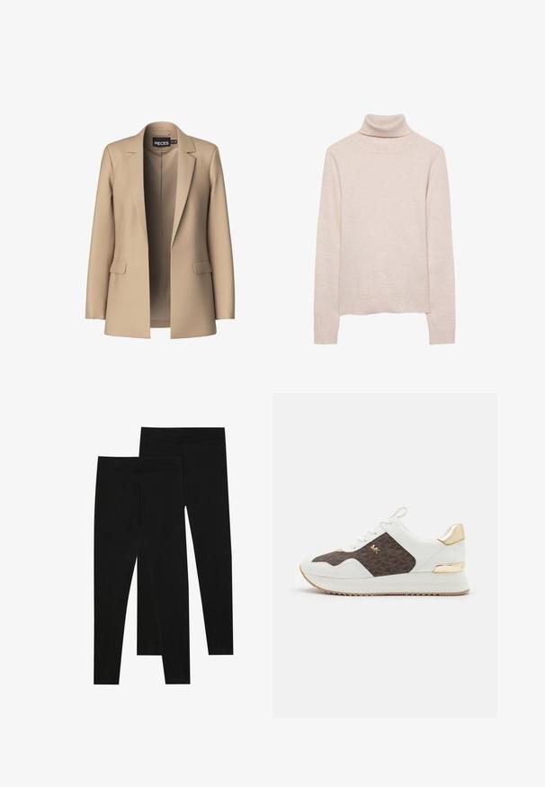 Bež blazer z obloženimi reverji in dvema sprednjima žepoma; izdelan iz gladkega materiala, ima odprto sprednjo stran in prilegajoč kroj.; Svetrovček v svetlo roza barvi s turtleneck iz mehkega pletenega materiala. Ima dolge rokave ter rebrast ovratnik in rob. Klasična prilegajoča se zasnova.; Črne legice iz raztegljive tkanine, z brezšivnim pasom in oprijetim krojem, primerne za prosti čas ali vadbo.; Beli športni copati s panelom iz rjave tkanine z vzorcem, z zlatimi dodatki, okroglo konico, vezalnim dizajnom in teksturiranem gumijastem podplatu.