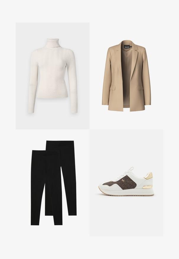 Blazer bej cu rever tăiat și două buzunare frontale; fabricat dintr-un material neted, are un front deschis și o croială ajustată.; Pulover bej cu guler înalt, realizat dintr-un material tricotat cu nervuri. Prezintă mâneci lungi și un design ajustat, cu dungi verticale subtile.; Leggings negre dintr-un material elastic, cu o talie fără cusături și un design slim fit, potrivite pentru îmbrăcăminte casual sau exerciții fizice.; Adidași albi cu panou din țesătură cu model maro, accente din hardware aurie, vârf rotund, design cu șireturi și talpă din cauciuc texturat.