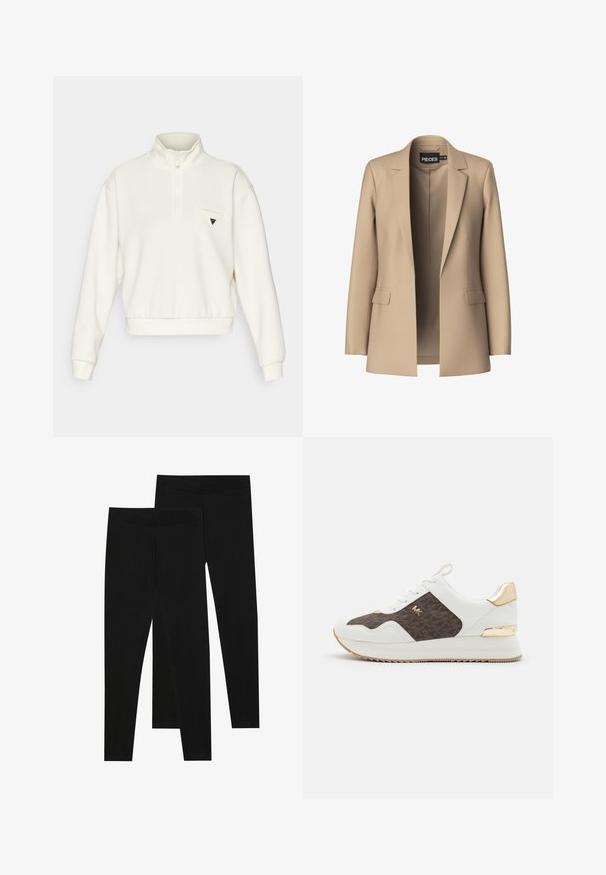 Beige blazer met notch-lapels en twee voorzakken; gemaakt van gladde stof, het heeft een open voorkant en een getailleerde pasvorm.; Crème kleurige pullover sweatshirt met een halve rits, ribgebreide mouwen en zoom. Beschikt over een klein logo op de linkerborstzak.; Zwarte leggings van rekbaar materiaal, met een naadloze tailleband en een slank ontwerp, geschikt voor casual wear of lichaamsbeweging.; Witte sneakers met bruine patroonstofpanelen, gouden hardwareaccenten, ronde neus, vetersluiting en gestructureerde rubberen zool.