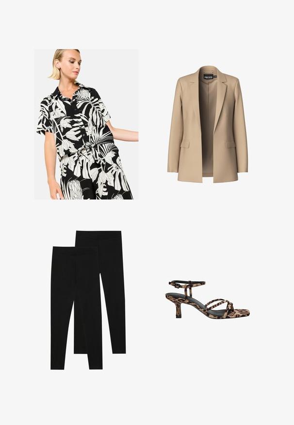 Beige blazer met notch-lapels en twee voorzakken; gemaakt van gladde stof, het heeft een open voorkant en een getailleerde pasvorm.; LolaLiza WITH TROPICAL PRINT - Overhemdblouse - black; Twee naadloze buis sjaals: een zwarte en een witte. Beide zijn gemaakt van een zachte, rekbare stof en hebben een gladde textuur zonder patronen.; Zwarte leggings van rekbaar materiaal, met een naadloze tailleband en een slank ontwerp, geschikt voor casual wear of lichaamsbeweging.; Luipaardprint hakken met een vierkante neus, meerdere bandjes en een middelhoge hak. Gemaakt van zacht textielmateriaal.