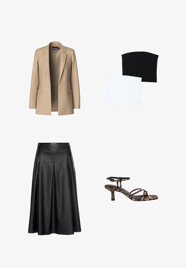 Beige blazer med snipperede klapper og to forlommer; lavet af glat stof, har den en åben front og en skræddersyet pasform.; Kaksi saumattomia putkilaineita: yksi musta ja yksi valkoinen. Molemmat on valmistettu pehmeästä, joustavasta kankaasta ja niissä on sileä rakenne ilman kuvioita.; Mustat nahkaiset maksihameet, joissa on korkea vyötärö, laskostettu muotoilu ja sileä pinta. Korostaa valuvaa siluettia.; Naiskahva leopardikuosiset korkokengät, joissa on neliönmuotoinen kärki, useita remmejä ja keskipitkä korko. Valmistettu pehmeästä tekstiilimateriaalista.